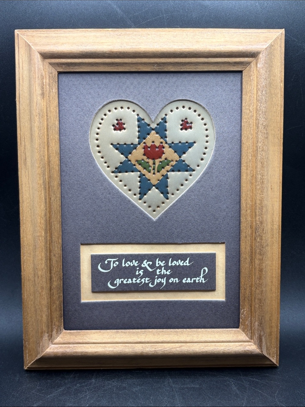 1988 KB Design Tin Punched Folk Art Floral Heart Artwork Framed Vintage Art